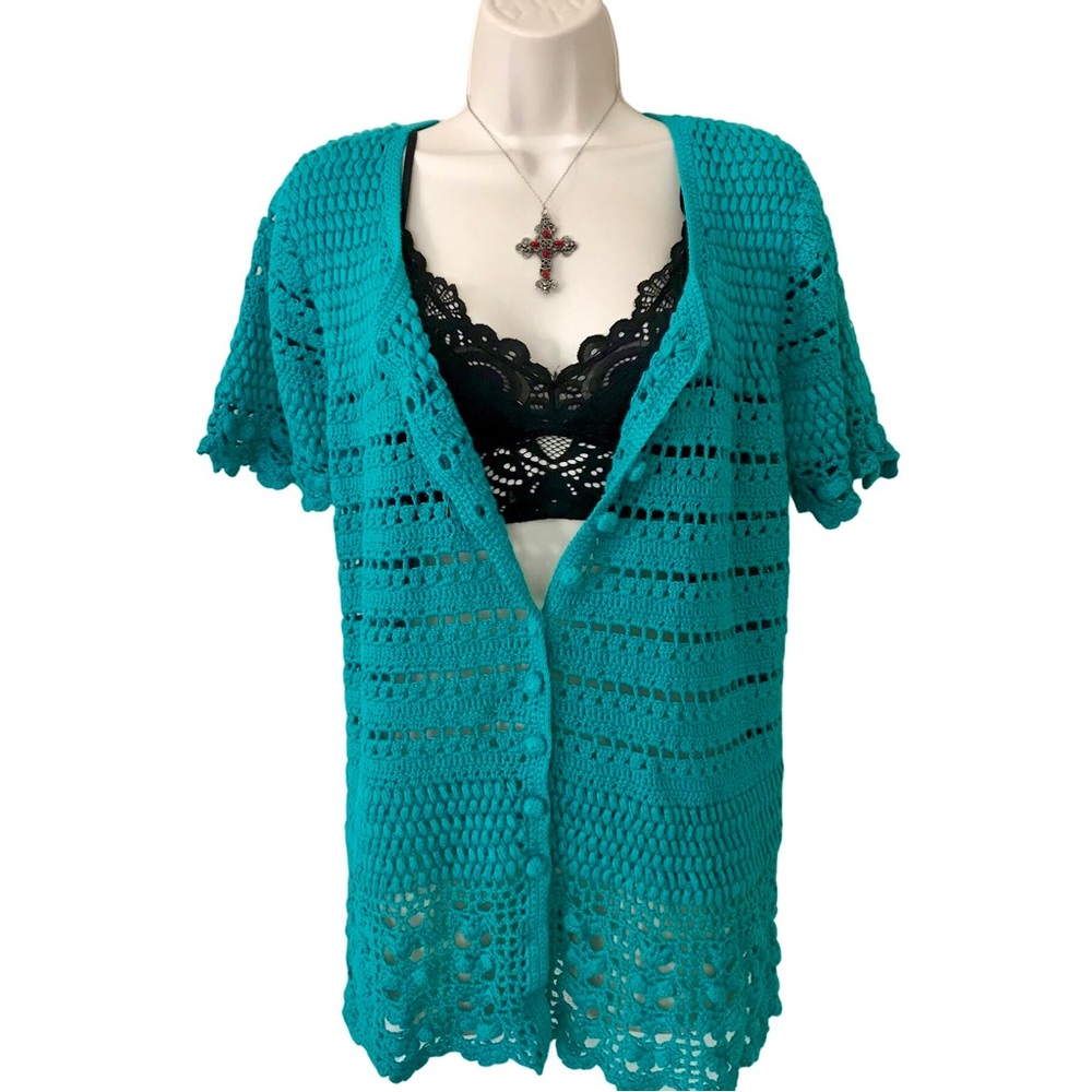 90s Style Turquoise Knit Sweater Cardigan Fairy Grunge Goth Cottagecore Size XL